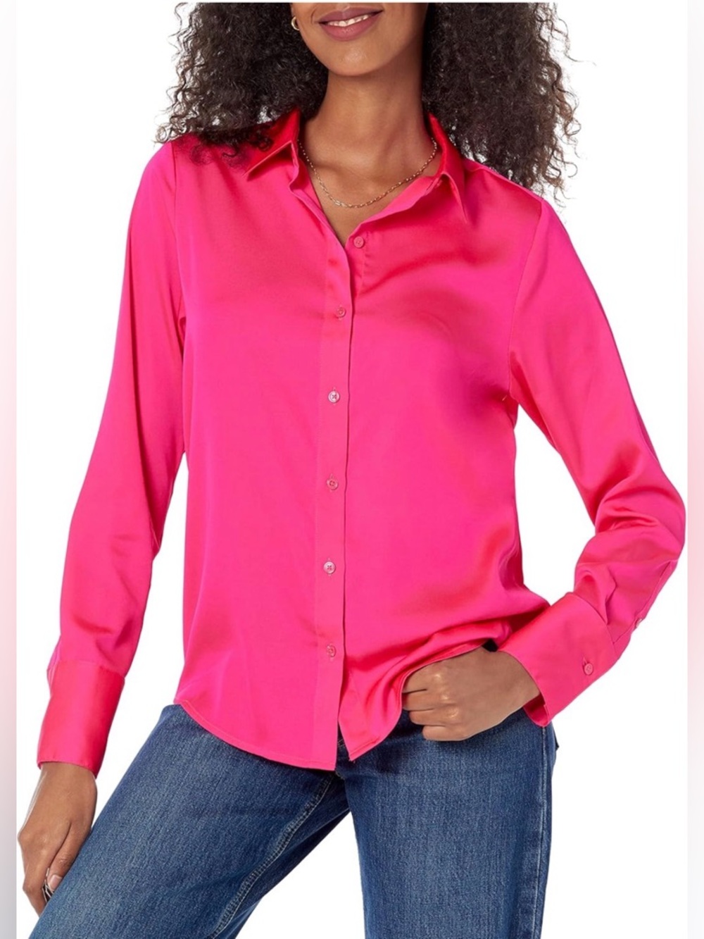 NWT Amazon Essentials Regular-Fit Long Sleeve Satin Button Down Blouse -Size L